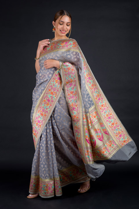Grey Floral Banarasi Saree