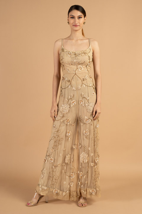Beige Embroidered Jumpsuit