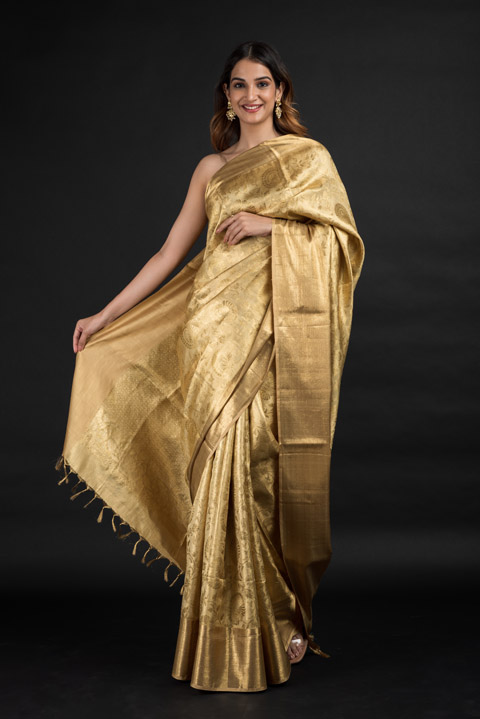 Beige Jacquard Kanchi Saree