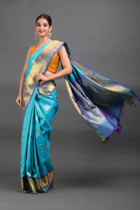 Blue Silk Saree With Golden Border
