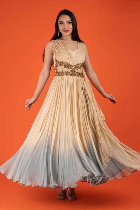 Peach And Grey Drape Gown