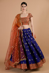 Red And Blue Rawsilk Lehenga