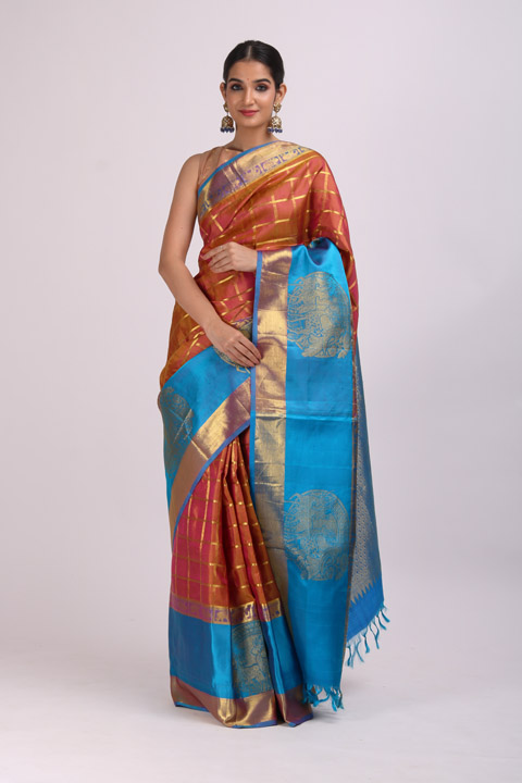 Rust And Blue Saree