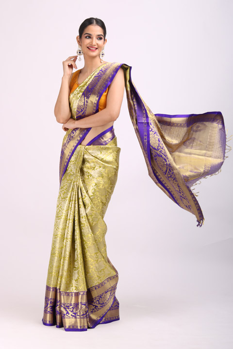 Green Saree With Blue Border