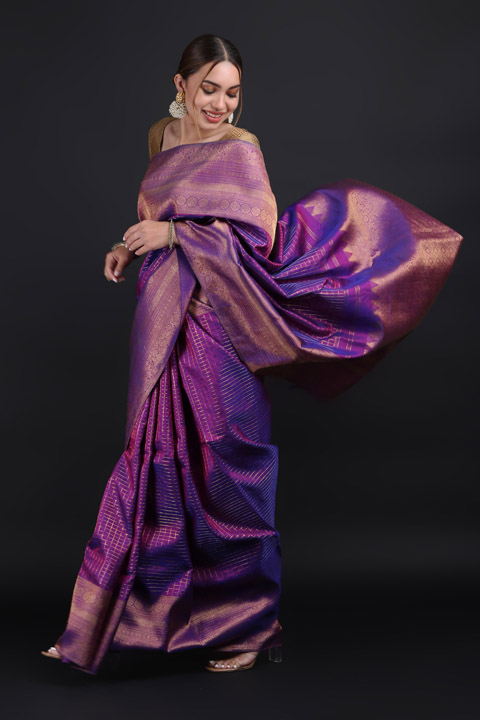 Purple Checkered Kanchi Saree