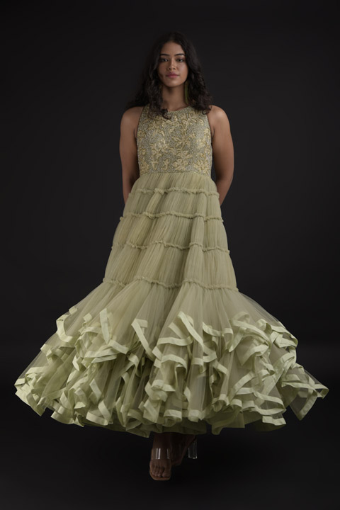 Green Embroidered Halter Neck Gown