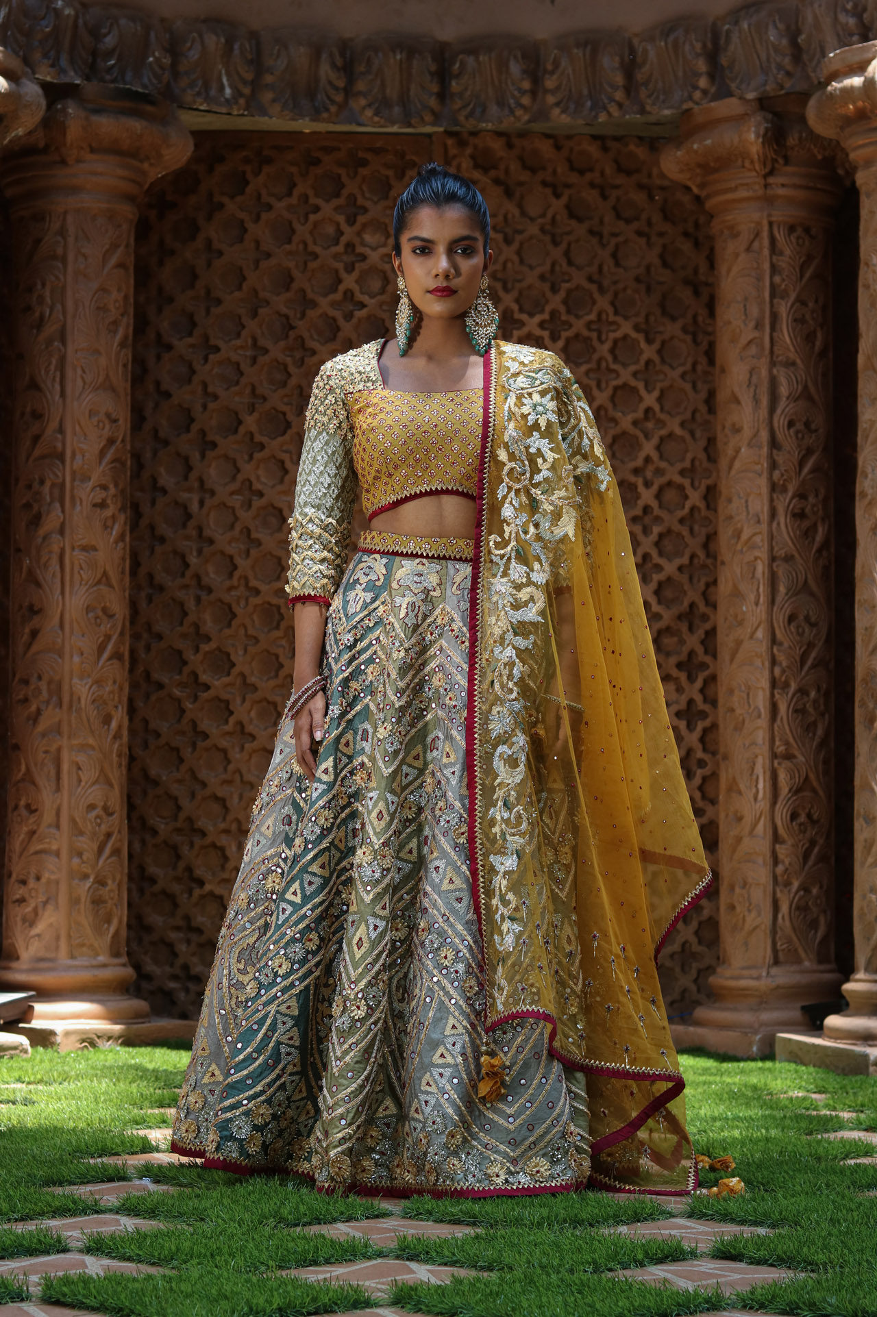 GREEN CHANDERI LEHENGA