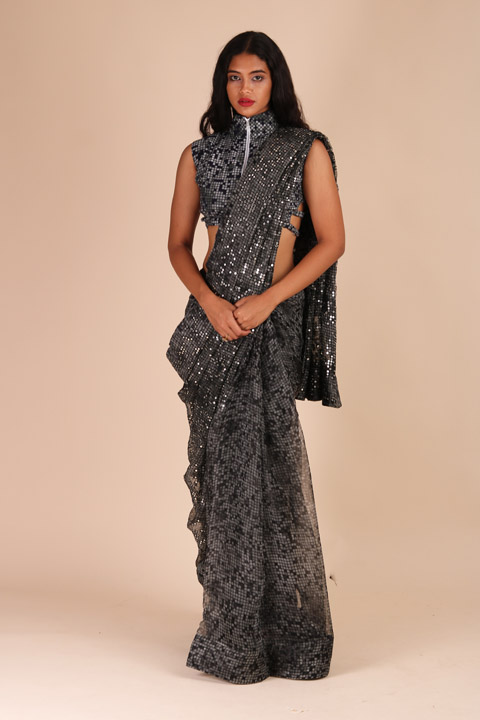 Pixel Printed Embroidered Saree