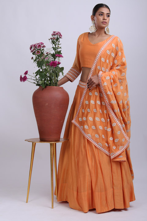 Orange Embroidered Lehenga Set