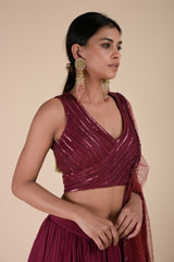 Wine Embroidered Lehenga_DTR9046