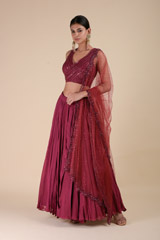 Wine Embroidered Lehenga_DTR9049