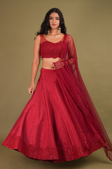 Deep Red Embroidered Lehenga