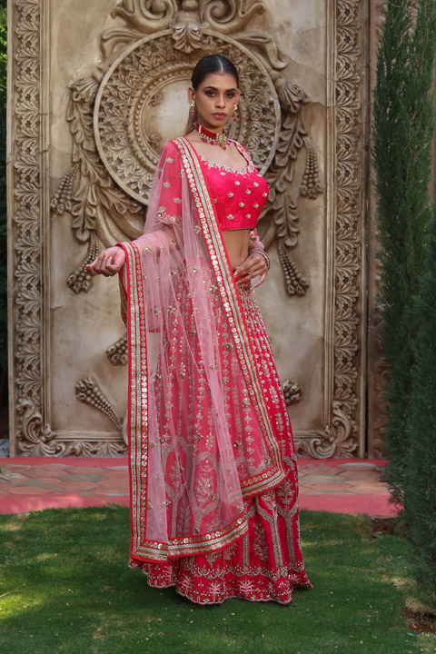 Red And Coral Lehenga