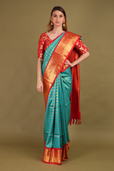 Blue Silk Saree With Red Border