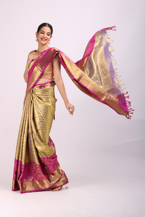 Golden Silk Saree With Pink Border