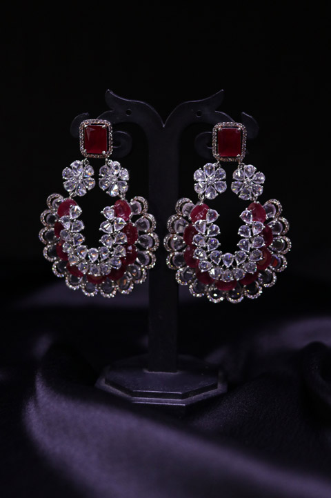 Maroon and White Stone Earrings