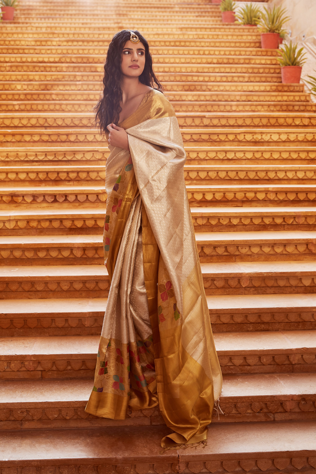 SILVER SAREE WITH GOLDEN BORDER