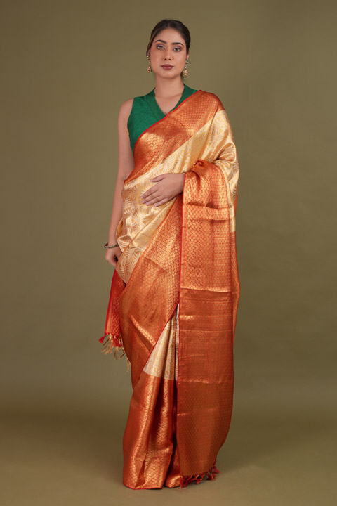Golden Saree With Red Border