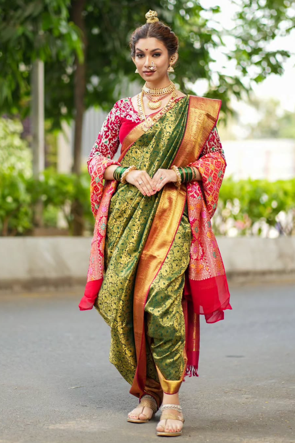 Green Saree With Red Border