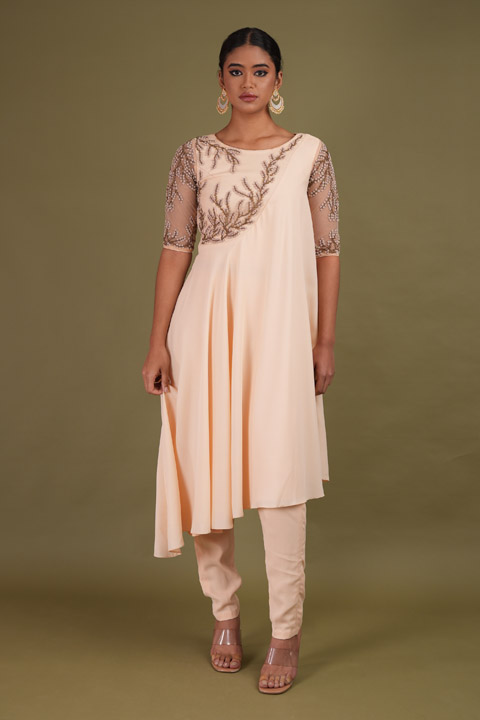 Peach Asymmetric Kurta Set