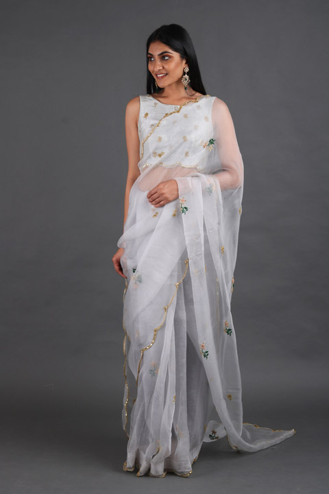 Bluish Grey Organza Saree