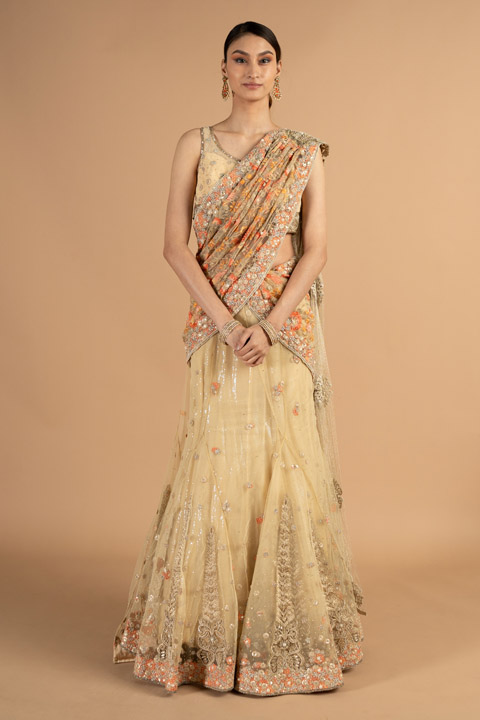 Beige Flower Saree Set