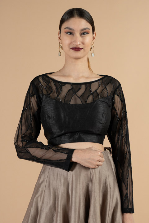 Black Net And Bead Saree Blouse