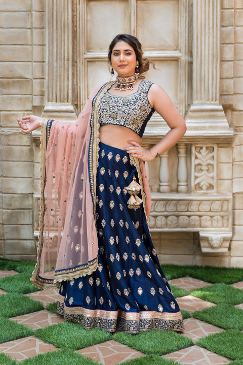 Blue Mirror And Pearl Work Lehenga