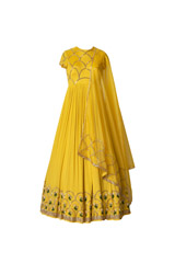 Yellow Scallop Crepe Satin Anarkali1