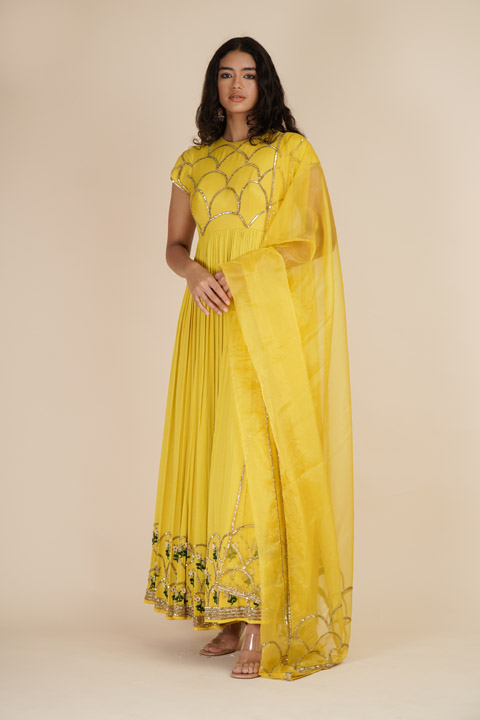 Yellow Scallop Crepe Satin Anarkali