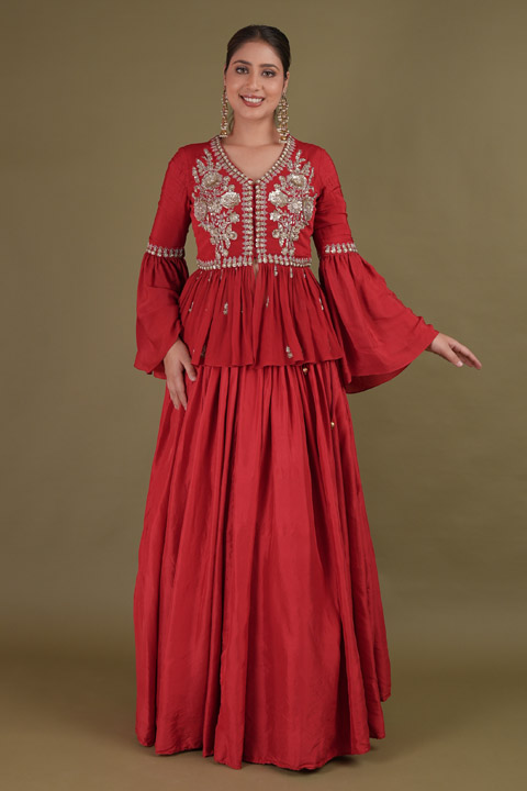 Red Embellished Top And Skirt