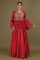Red Embellished Top And Skirt