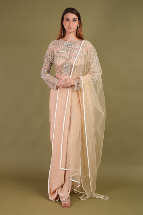 Beige Embellished Dhoti Set