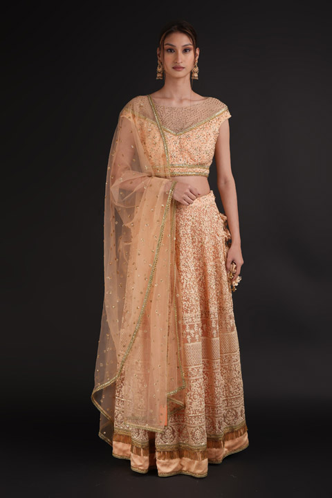 Peach Thread Work Lehenga Set