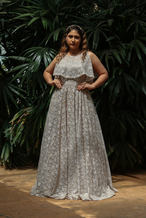 Cream Thread And Sequin Gown