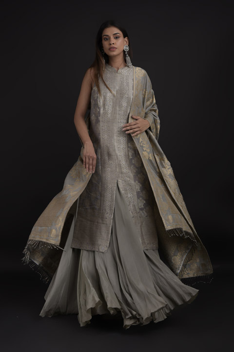 Grey Banarasi Anarkali Set