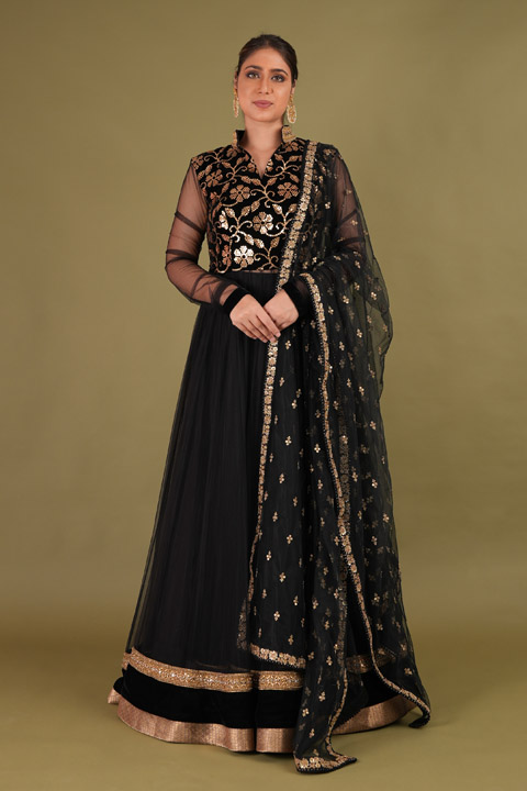 Black Embroidered Anarkali Set
