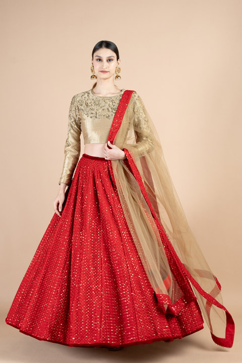 Beige And Red Sequins Lehenga