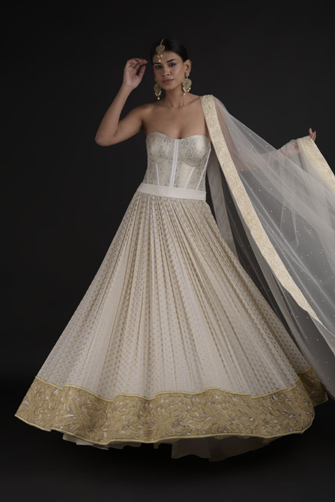 White Brocade Corset Gown With Dupatta