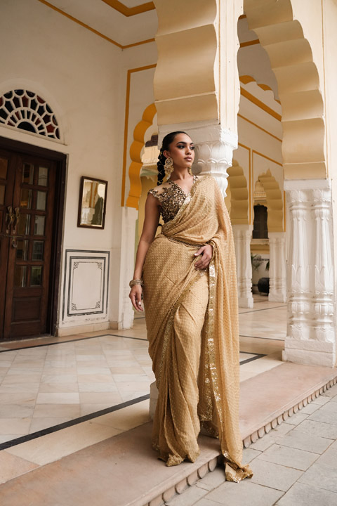Golden Dot Saree Set