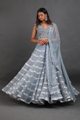 Dull Blue Sequin Tiered Lehenga