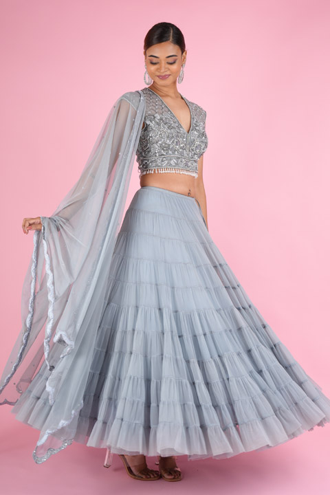 Dull Blue Tiered Lehenga