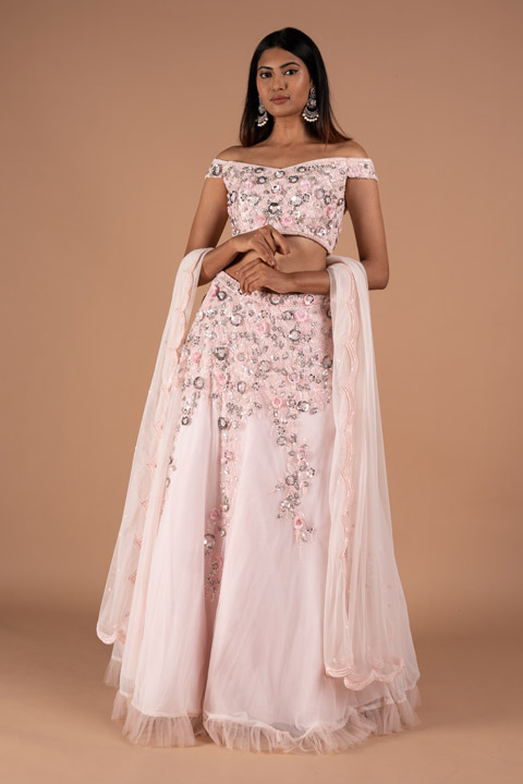 Pink Lehenga with 3D Embroidery