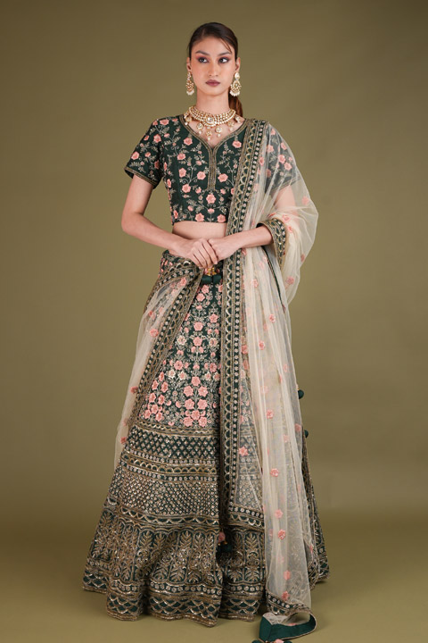 Green Floral Lehenga