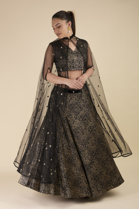 Black Gajji Printed Silk Top Bottom Set