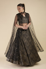 Black Gajji Printed Silk Top Bottom Set