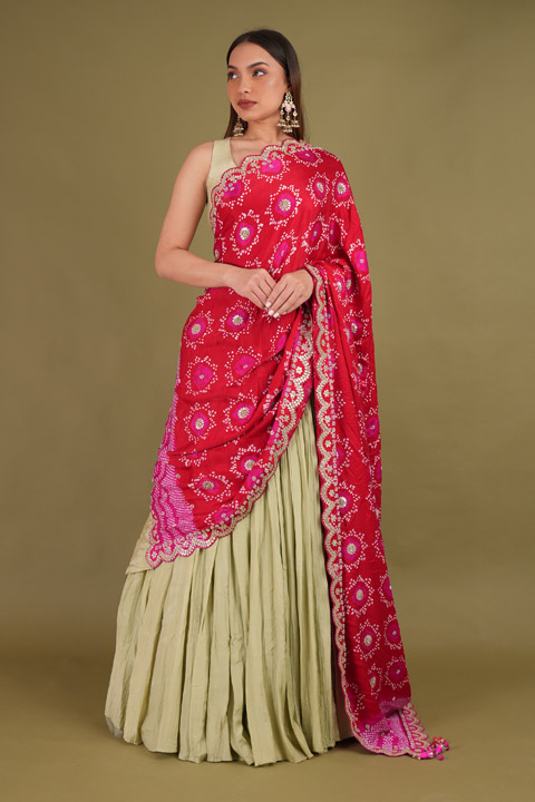 Bandhani And Pista Green Lehenga