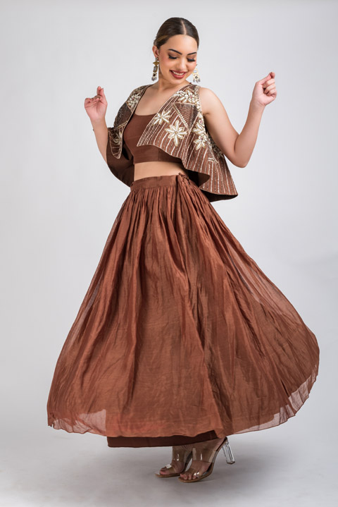 Brown Embroidered Top Bottom Set