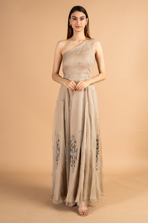 Embroidered One Shoulder Gown