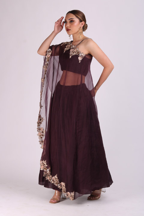 Purple Embellished Top Bottom Set